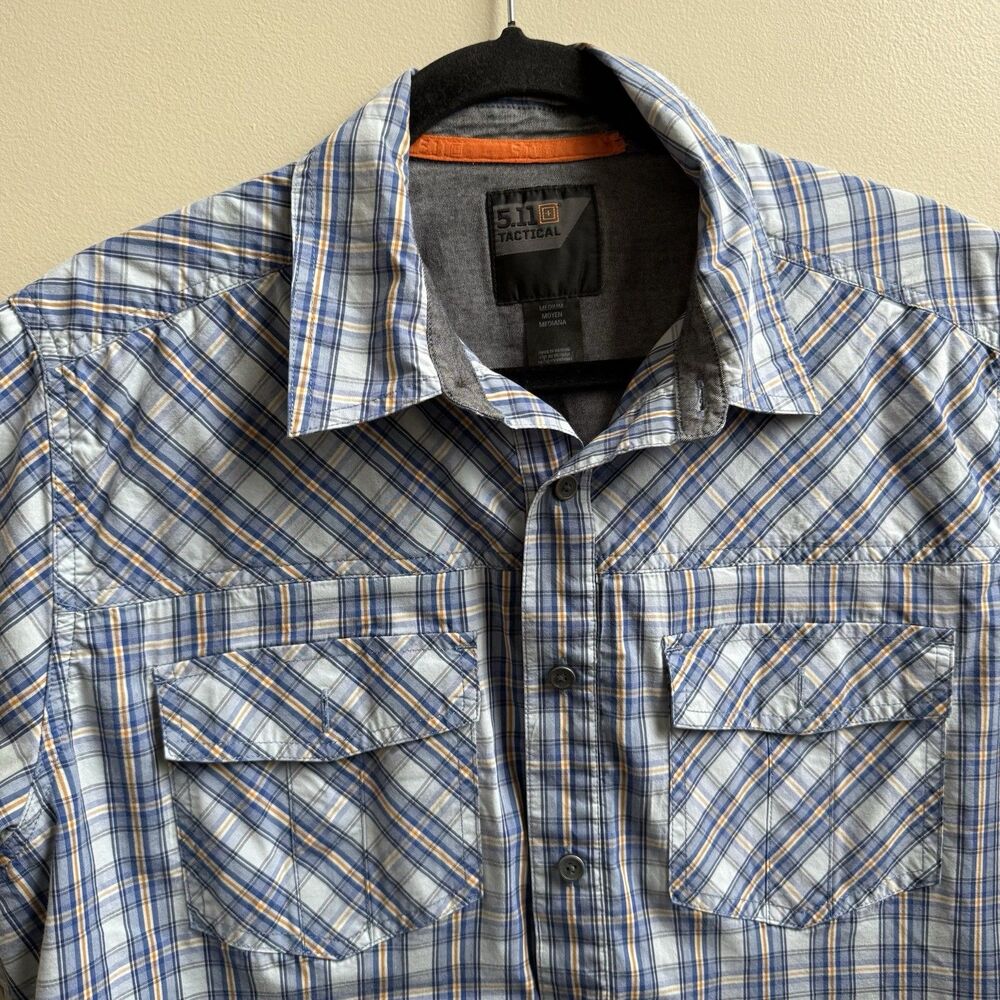 5.11 Tactical Shirt Blue Snap Button Short Sleeve Plaid Conceal Carry Size Large
